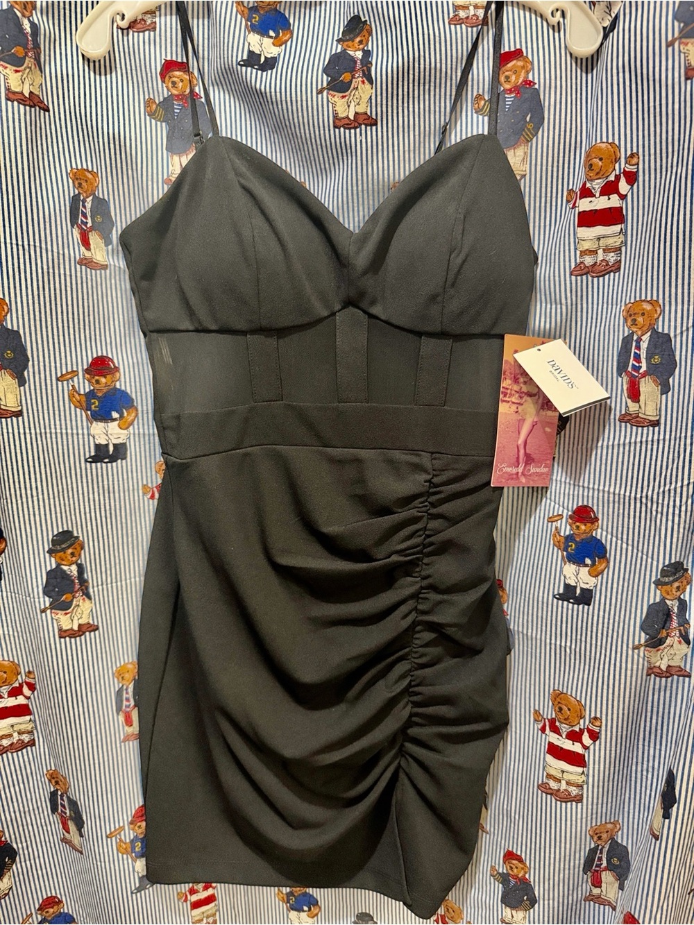 Emerald Sundae Black Ruched Spaghetti-Strap Mini Dress